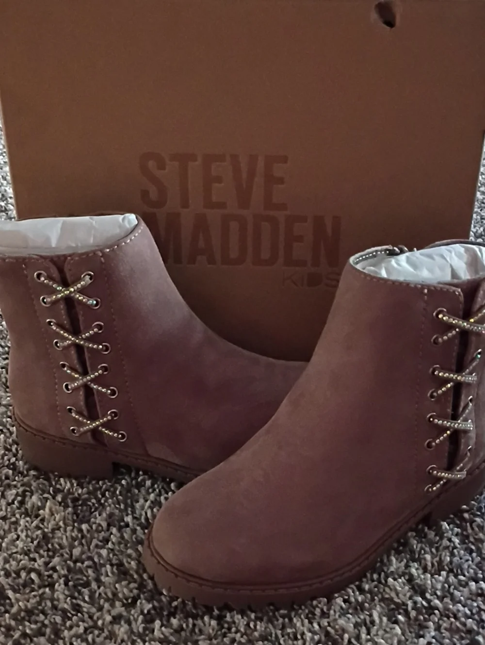 Steve Madden Kid's Brown Suede Lace-Accent Ankle Booties